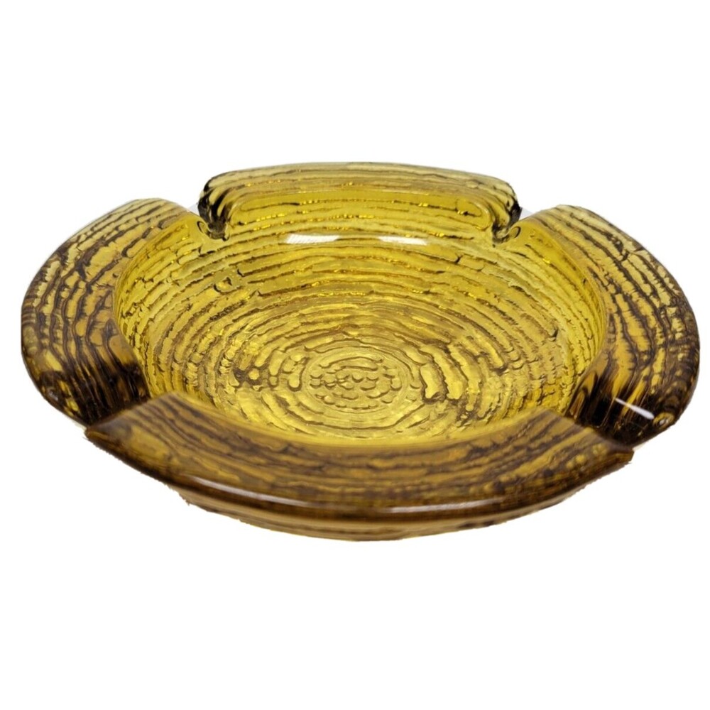 Ashtray Medium Amber Glass 6 1/4" Ripple Tree bark MCM vintage FLAW Trinket Dish